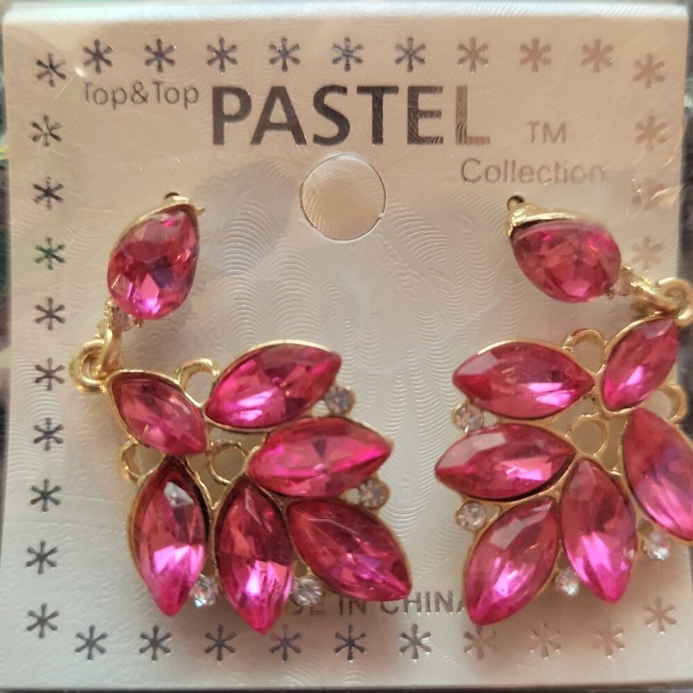 Pink Crystal Statement Earrings Gold Tone Floral Cluster Drop PASTEL Collection